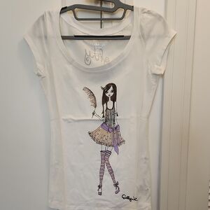 NWOT Bebe White Graphic Tee with Purple Accents